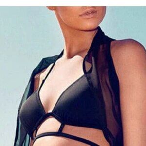 Unbranded Black Caged Molded Cup Halter Triangle Bikini Top, Sz L